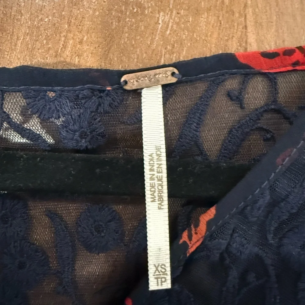 Free People Navy and Red Floral Sheer Blouse